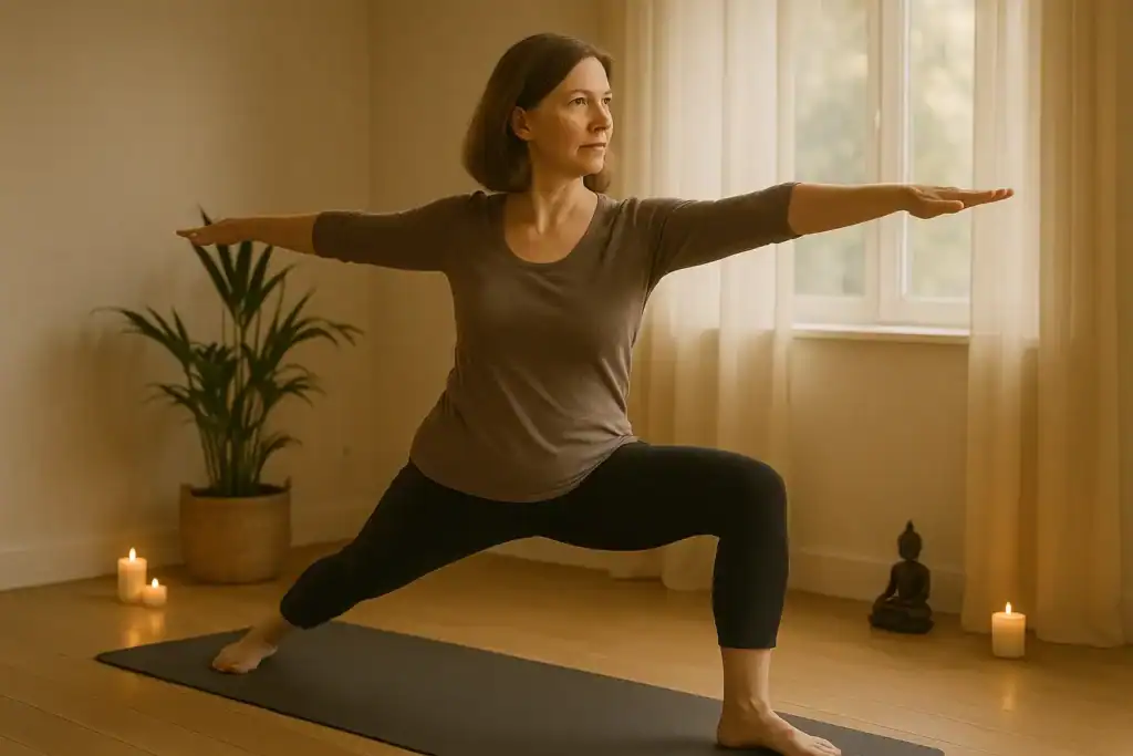 Frau in der Yoga-Pose „Krieger II“ in einem gemütlichen Wohnzimmer – ideal für Online-Yogakurse zuhause. Symbolbild für den Blogartikel „Was ist Yoga – einfach erklärt“.