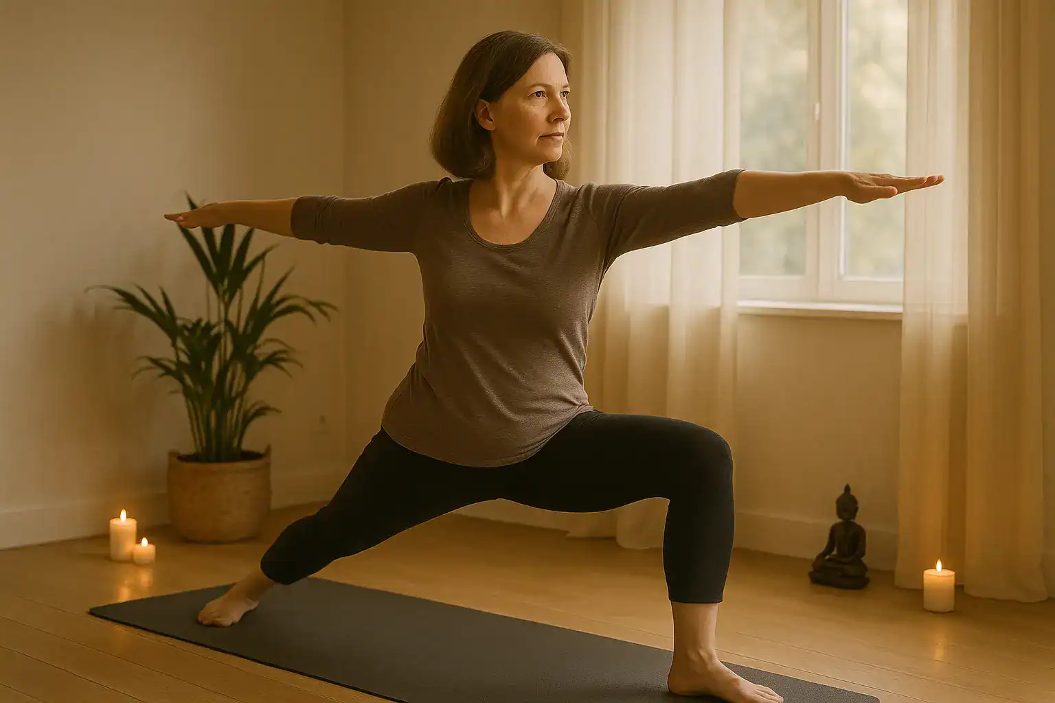 Frau in der Yoga-Pose „Krieger II“ in einem gemütlichen Wohnzimmer – ideal für Online-Yogakurse zuhause. Symbolbild für den Blogartikel „Was ist Yoga – einfach erklärt“.