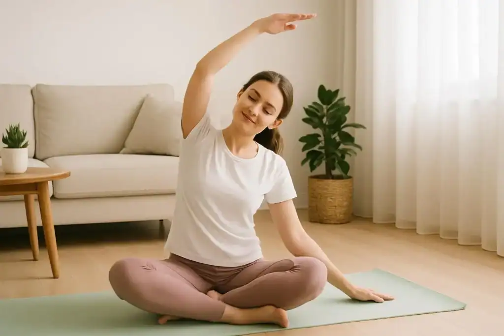 Yoga für Anfänger – Frau praktiziert Yoga auf einer Matte in einem hellen Wohnzimmer