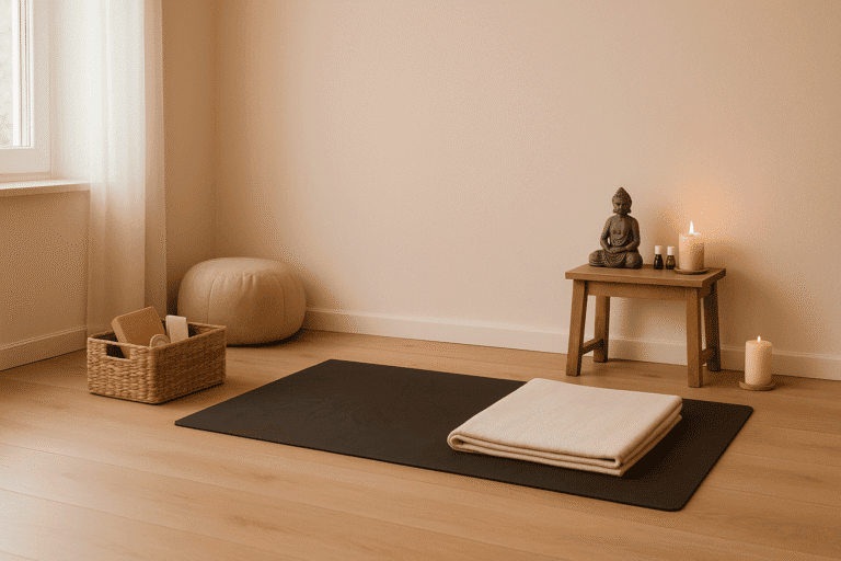 Ein harmonisch gestalteter Raum für Yoga für zuhause: Eine schwarze Yogamatte mit gefalteter Decke liegt auf hellem Holzfußboden, daneben stehen ein Meditationskissen und ein geflochtener Korb mit Zubehör. Ein kleiner Holztisch mit Buddha-Statue, Duftölen und Kerzen verbreitet eine friedliche, achtsame Atmosphäre – ideal für die tägliche Praxis daheim.