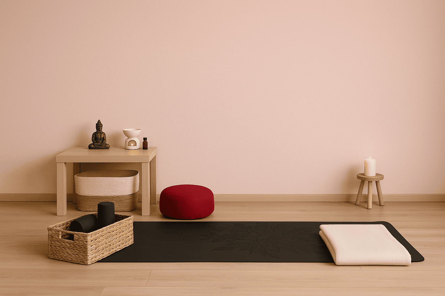 Ein liebevoll eingerichteter Raum für Yoga zu Hause: Auf einer schwarzen Yogamatte mit Blumenmuster liegt eine gefaltete Decke bereit. Daneben stehen ein geflochtener Korb mit Yoga-Zubehör und ein rotes Meditationskissen. Ein kleiner Tisch mit Buddha-Figur, Duftlampe und ätherischen Ölen unterstreicht die ruhige Atmosphäre – ideal für Yoga daheim.
