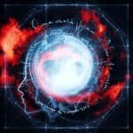 Abstraktes Kunstwerk mit leuchtendem Energiekreis, roten und blauen Farbwirbeln sowie einer Kopf-Silhouette – Symbol für Bewusstsein, Energie und Transformation auf Gestalte deine Wirklichkeit.