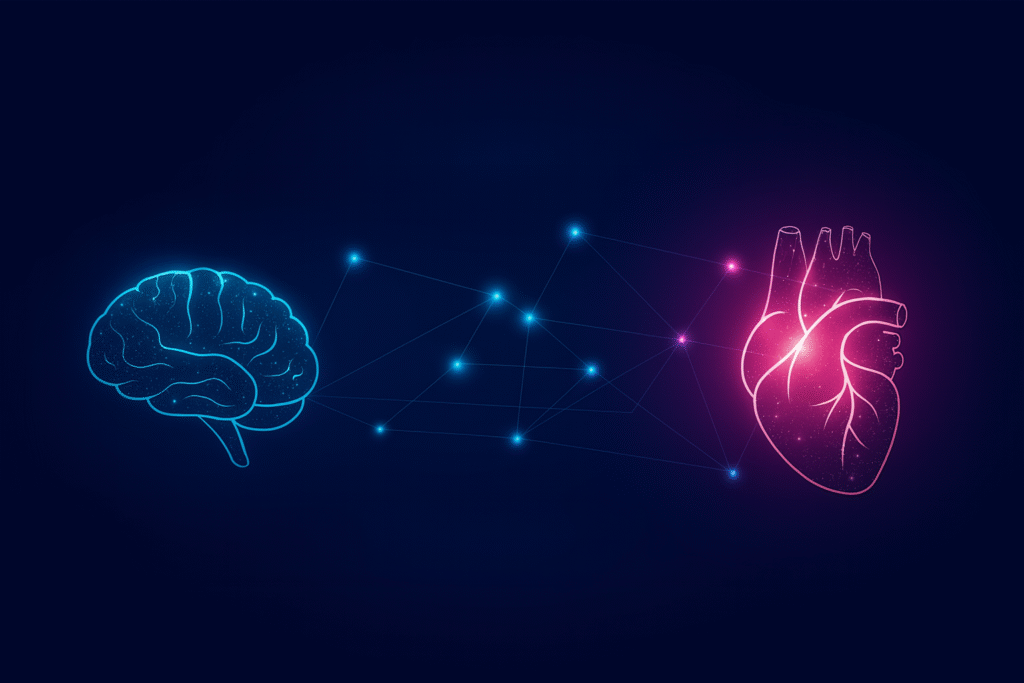 Digitale Illustration zur Herz-Hirn-Kohärenz: leuchtendes Gehirn und strahlendes Herz sind durch ein Netzwerk von Lichtpunkten verbunden – Symbol für innere Balance, Emotion und Bewusstsein