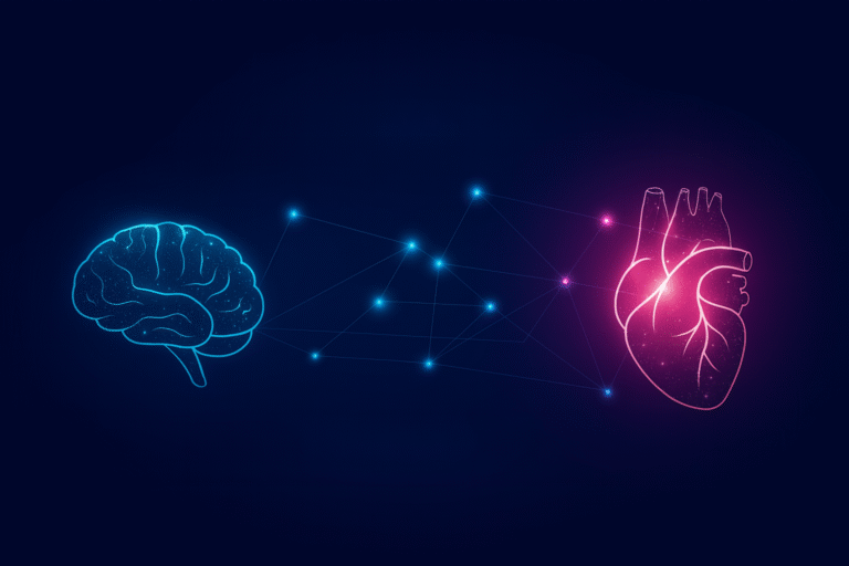 Digitale Illustration zur Herz-Hirn-Kohärenz: leuchtendes Gehirn und strahlendes Herz sind durch ein Netzwerk von Lichtpunkten verbunden – Symbol für innere Balance, Emotion und Bewusstsein
