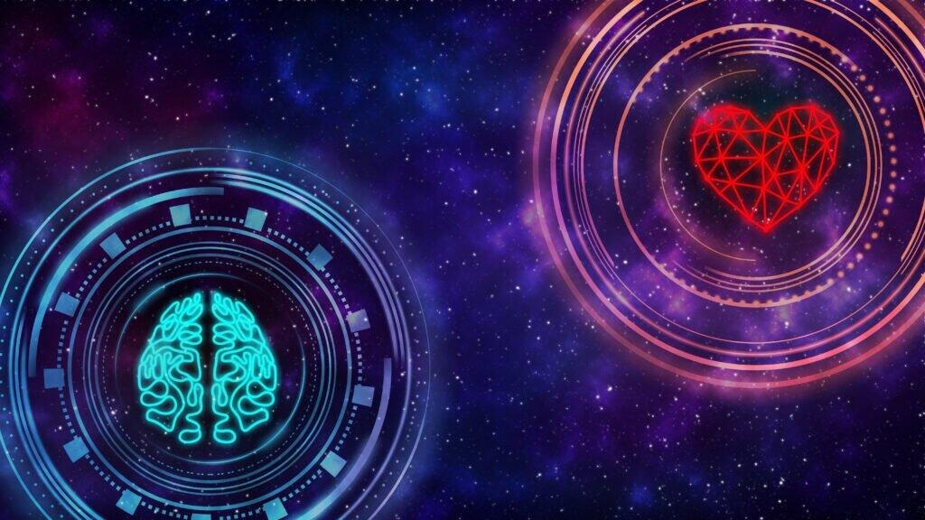 Herzkohärenz Illustration: Verbindung zwischen Gehirn und Herz als leuchtende Symbole im Universum, symbolisch für Balance von Herz und Geist.