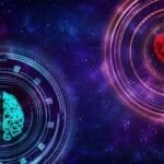 Herzkohärenz Illustration: Verbindung zwischen Gehirn und Herz als leuchtende Symbole im Universum, symbolisch für Balance von Herz und Geist.