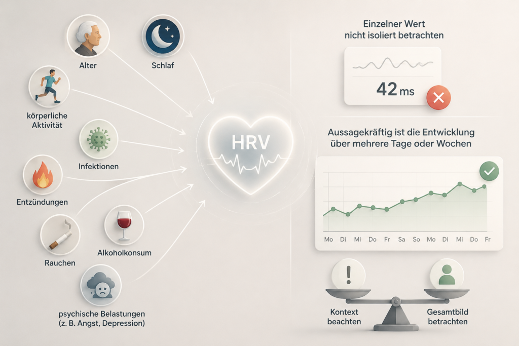 Infografik zur Herzratenvariabilität und Stress mit Biofeedback-Dashboard, Herzsymbol und Diagramm zur Messung der Herzratenvariabilität zur Analyse von Stress, Erholung und Nervensystemregulation.