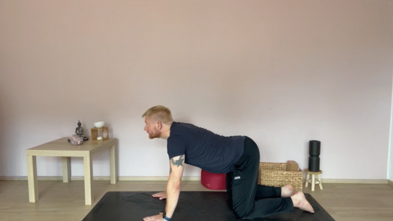 Mann zeigt die Yoga-Haltung Katze-Kuh in der Vierfüßlerposition – eine sanfte Yoga Übung für Anfänger zur Mobilisation der Wirbelsäule und zur Verbesserung der Atmung.