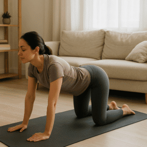 Frau macht Katze-Kuh-Pose beim Yoga zuhause auf der Matte im Wohnzimmer – einfache Yoga-Übung für Anfänger, ideal für Rücken, Atmung und Entspannung.