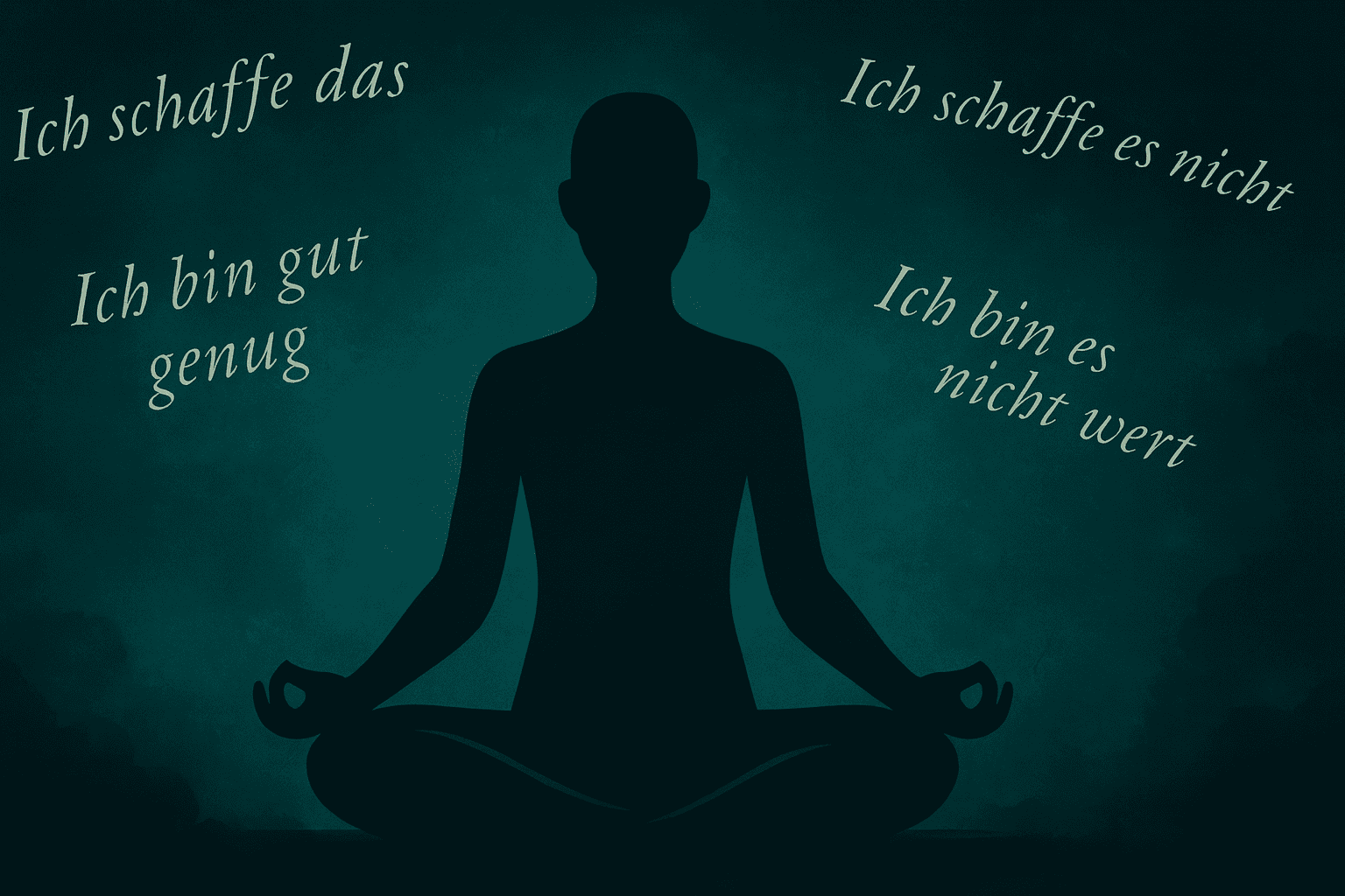 Grafische Illustration einer meditierenden Person vor einem mystischen, dunkelgrünen Hintergrund. Um die Figur schweben positive und negative Aussagen wie ‚Ich schaffe das‘ oder ‚Ich bin es nicht wert‘ – symbolisch für den Prozess, negative Glaubenssätze aufzulösen und in neue Stärke zu verwandeln.