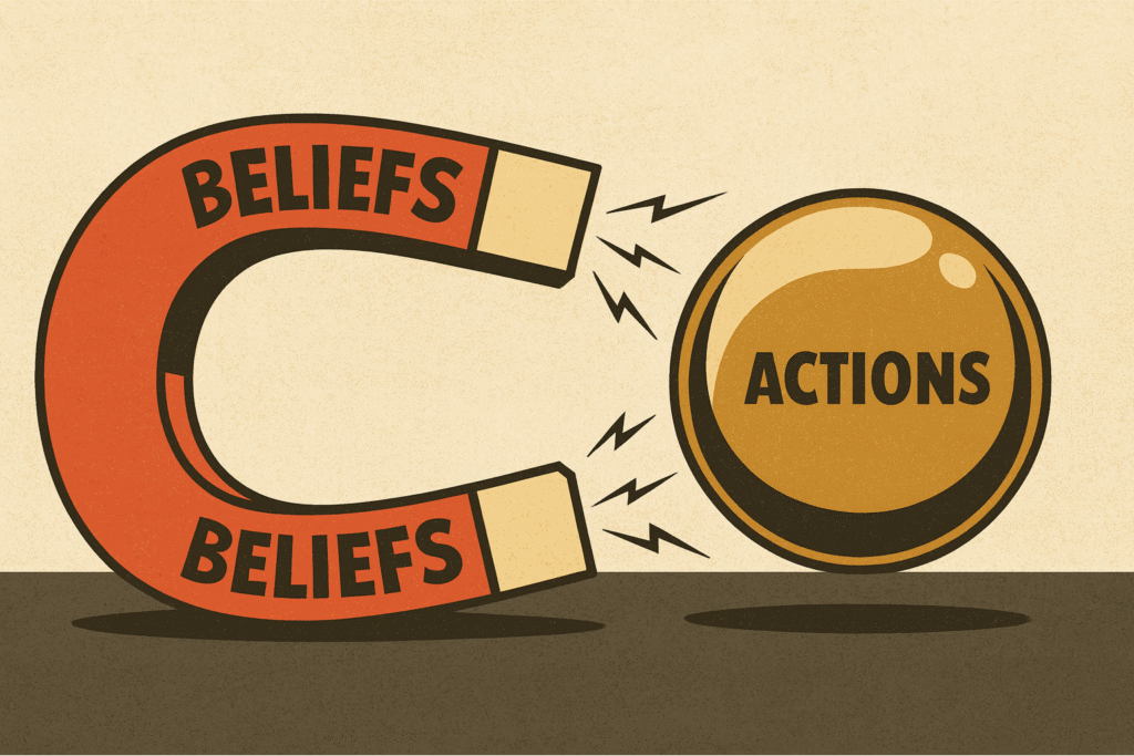 Illustration eines roten Magneten mit der Aufschrift ‚Beliefs‘, der eine goldene Kugel mit dem Wort ‚Actions‘ anzieht – symbolisch für die Verbindung zwischen Glaubenssätzen, Handlungen und Selbstliebe in der Psychologie.