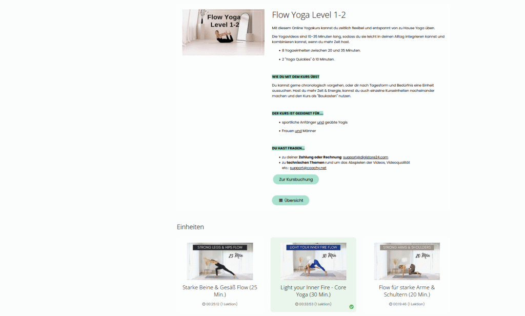 Yoga Kurse Online – Flow Yoga Level 1-2 mit Videos für starke Beine, Core Training und Schultern, flexibel von zuhause üben