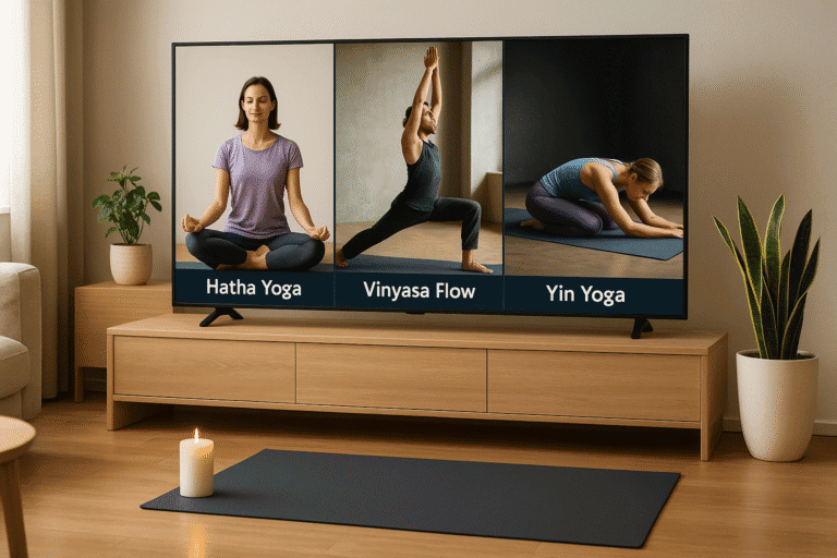 Modernes Wohnzimmer mit großem Fernseher, auf dem drei verschiedene Online-Yoga-Kurse (Hatha Yoga, Vinyasa Flow und Yin Yoga) zur Auswahl angezeigt werden, Yogamatte, Pflanze und Kerze im Vordergrund – Yoga online zuhause.