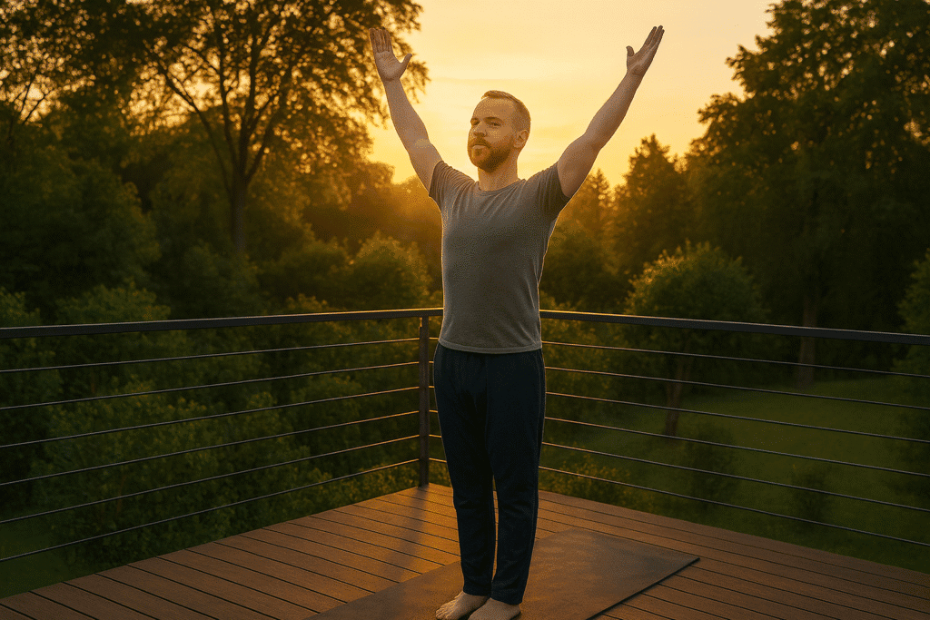 Mann praktiziert Yoga am Morgen im Sonnengruß auf einer Terrasse, mit aufgehenden Sonnenstrahlen im Hintergrund und grüner Natur rundherum.