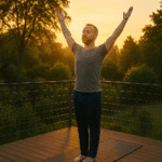 Mann praktiziert Yoga am Morgen im Sonnengruß auf einer Terrasse, mit aufgehenden Sonnenstrahlen im Hintergrund und grüner Natur rundherum.