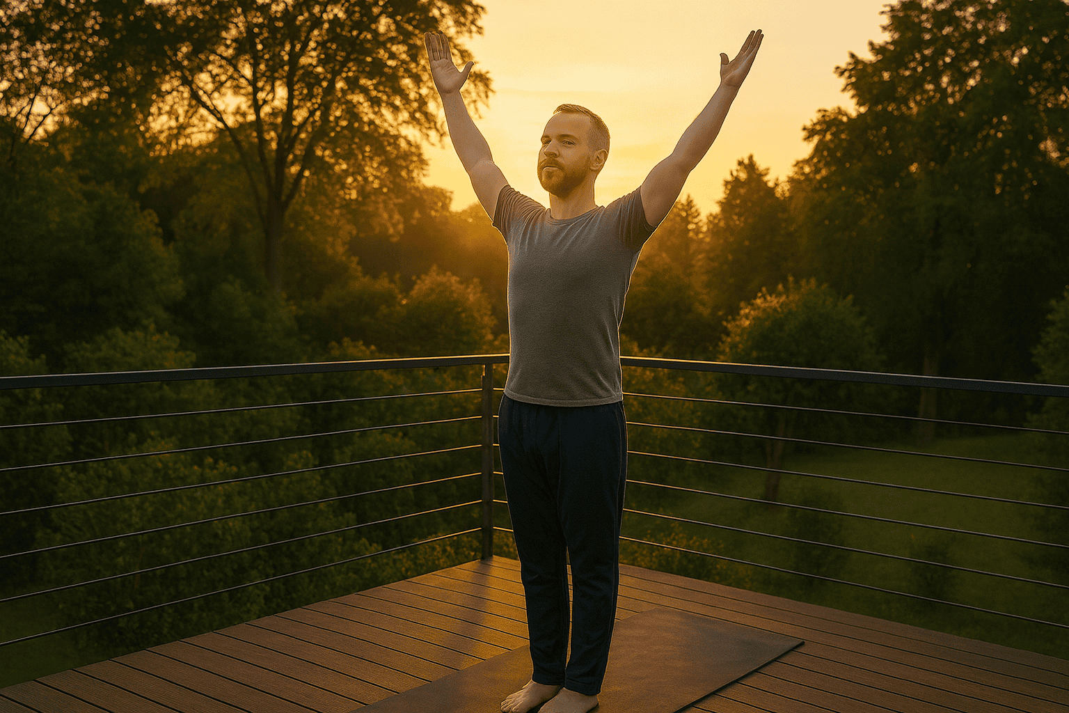 Mann praktiziert Yoga am Morgen im Sonnengruß auf einer Terrasse, mit aufgehenden Sonnenstrahlen im Hintergrund und grüner Natur rundherum.