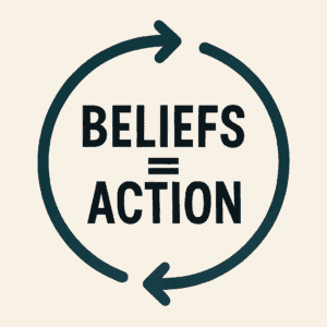 Minimalistische Grafik mit dem Schriftzug Beliefs = Action. Das Bild symbolisiert den Zusammenhang zwischen alten Glaubenssätzen, die unser Handeln blockieren, und neuen Glaubenssätzen, die positive Veränderungen und bewusstes Handeln ermöglichen.