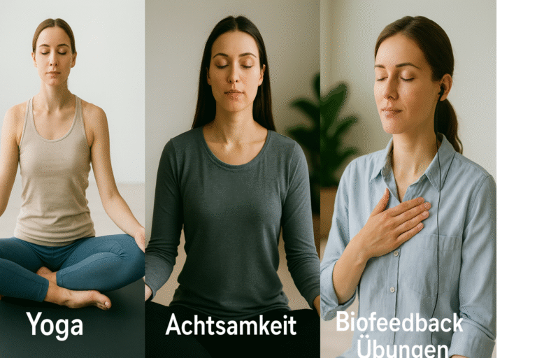 Vier echte Menschen zeigen verschiedene Wege zur Stressregulation: oben links Yoga-Praxis für körperliche Balance, oben rechts Meditation für innere Ruhe, unten links Achtsamkeit im Wald als Form des Waldbadens und unten rechts Biofeedback Übungen mit HRV-Ohrclip zur bewussten Atemregulation. Das Bild symbolisiert natürliche Methoden zur Stressbewältigung, Entspannung und Selbstwahrnehmung.
