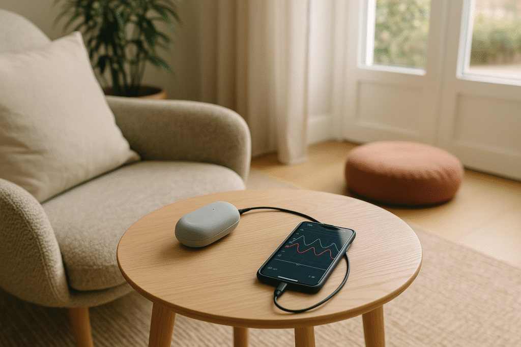Gemütliches Wohnzimmer mit Biofeedback Gerät auf einem Holztisch neben Smartphone mit HRV-Kurven – ideal für Biofeedback Übungen und entspanntes Training zuhause.