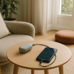 Gemütliches Wohnzimmer mit Biofeedback Gerät auf einem Holztisch neben Smartphone mit HRV-Kurven – ideal für Biofeedback Übungen und entspanntes Training zuhause.