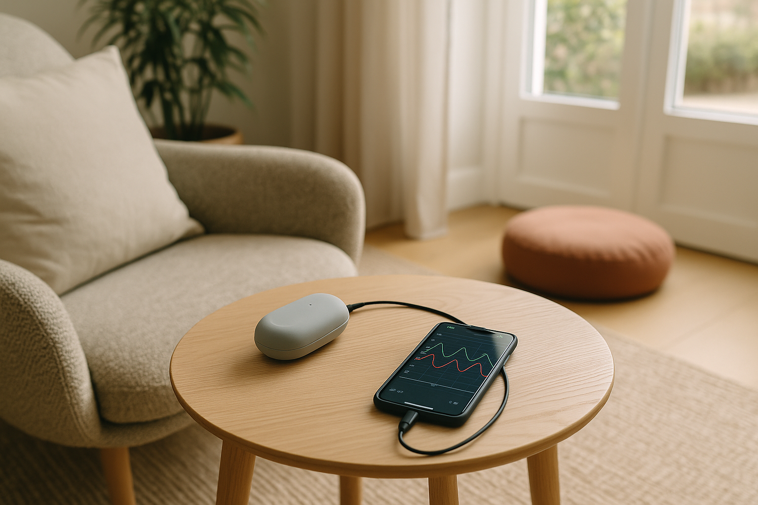 Gemütliches Wohnzimmer mit Biofeedback Gerät auf einem Holztisch neben Smartphone mit HRV-Kurven – ideal für Biofeedback Übungen und entspanntes Training zuhause.