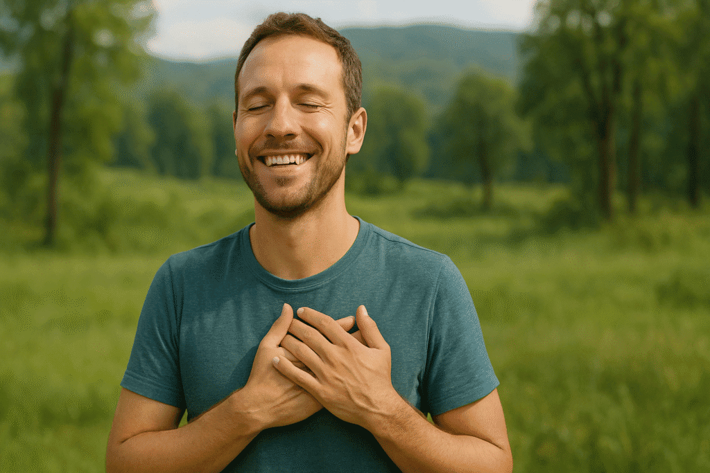 Ein lächelnder Mann steht entspannt in der Natur, die Augen geschlossen und beide Hände auf seinem Herzen. Die Szene symbolisiert innere Ruhe, Dankbarkeit und Herzverbindung – Begriffe wie Herzkohärenz, Achtsamkeit, Yoga, Meditation und Stressbewältigung passen zu diesem Bild.