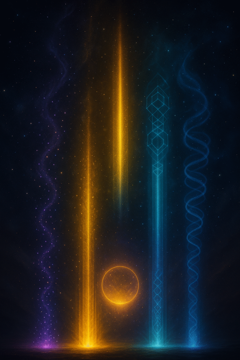 Kosmische Illustration mit vier leuchtenden Energiesäulen in Violett, Gold, Türkis und Blau, die die vier Säulen von Mind Magic symbolisieren und die manifestiert Bedeutung visuell darstellen.