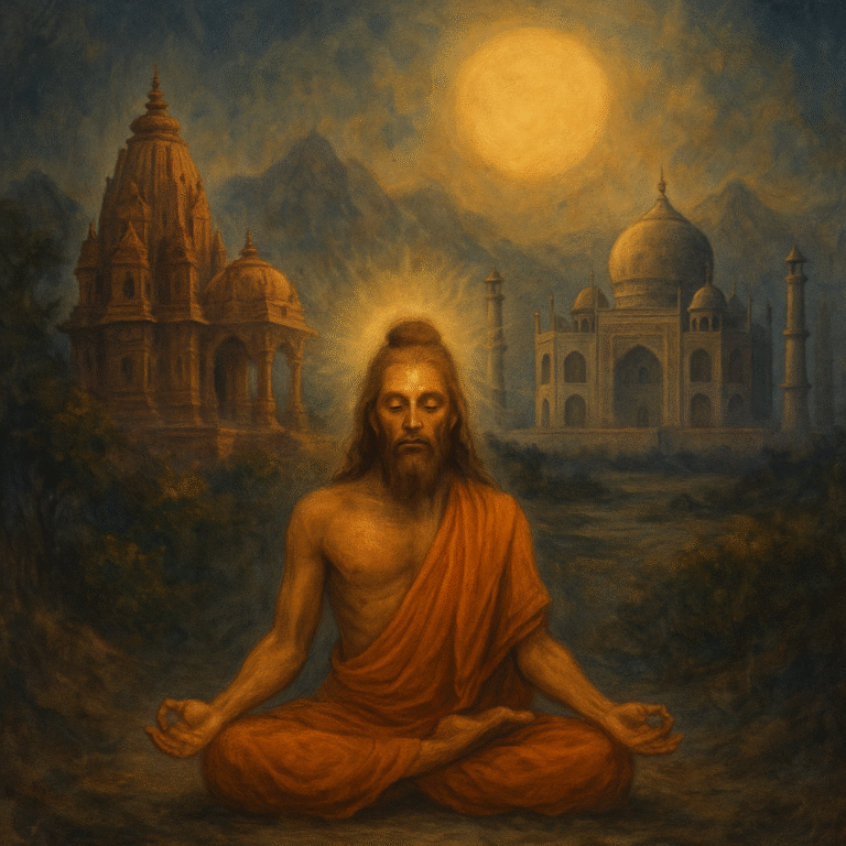 Mystische Darstellung einer Kundalini Meditation: Ein Yogi sitzt im Schneidersitz vor indischen Tempeln und dem Taj Mahal, umgeben von goldenem Licht und spiritueller Energie.