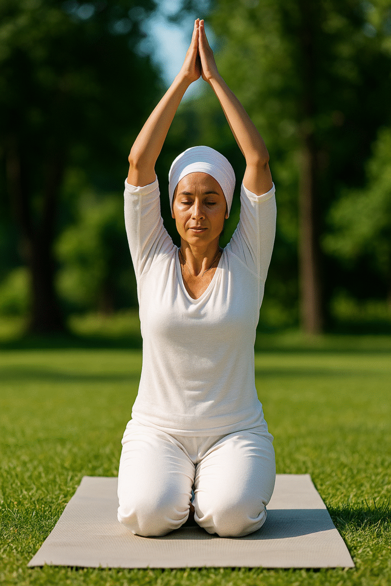 Frau praktiziert Kundalini Meditation im Freien, sitzt ruhig auf einer Yogamatte mit erhobenen Armen im Schneidersitz, umgeben von sanftem Licht und grüner Natur – Symbol für Energiefluss, Achtsamkeit und innere Balance.