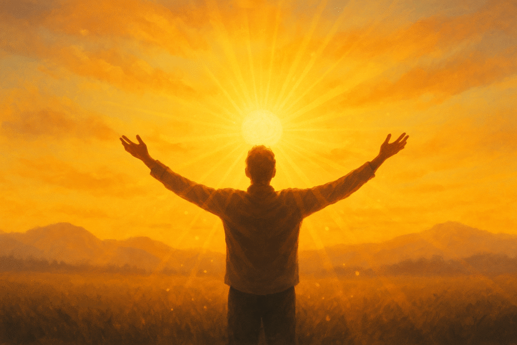 Digitale Illustration einer Person mit offenen Armen im goldenen Sonnenaufgang, die Dankbarkeit symbolisiert – ein Bild, das die Prinzipien von Mind Magic und die manifestiert Bedeutung visuell erfahrbar macht.