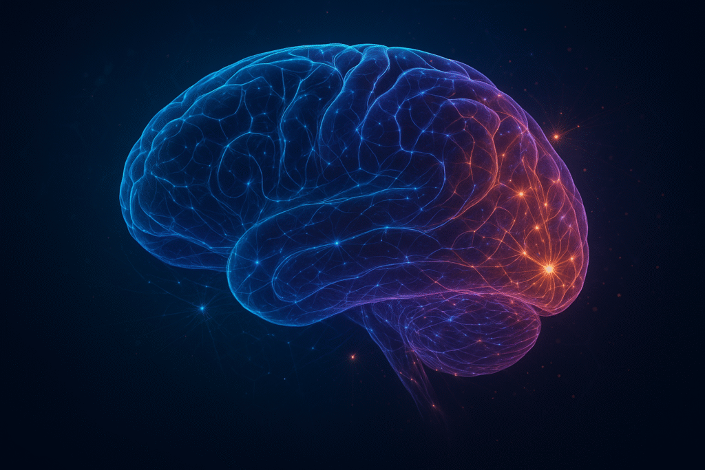 Digitale Illustration eines leuchtenden Gehirns mit neuralen Verbindungen, die Neuroplastizität und die Kraft von Gedanken symbolisieren – eine visuelle Darstellung von Mind Magic und der manifestiert Bedeutung.