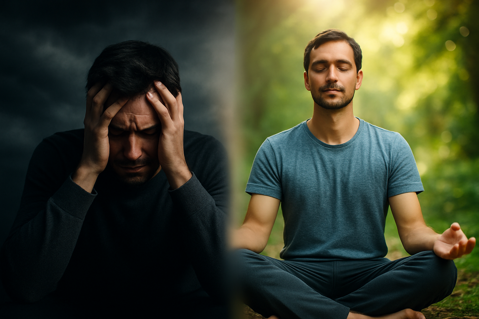 Darstellung von physischem Stress und innerer Balance: Links ein Mann unter Anspannung, Symbol für körperlichen und emotionalen Stress, rechts derselbe Mann in Meditation in der Natur – ein Bild für Stressabbau, innere Ruhe und ein gestärktes Nervensystem.