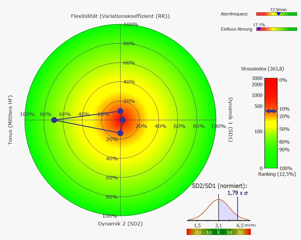 Diagramm zur HRV-Analyse mit Qiu Ball – Darstellung von Stresslevel, Stressindex und Herzratenvariabilität (HRV) zur Stress Messung und Bewertung der inneren Balance.