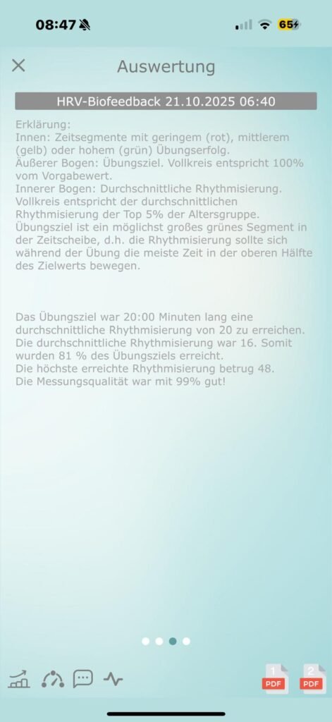 Erklärung der HRV Biofeedback Auswertung mit dem Qiu Plus – Übersicht zur Messqualität, Rhythmisierung und Zielwerten. Praktisches Beispiel für Qiu Erfahrungen bei der Messung von Stresslevel und HRV Training.