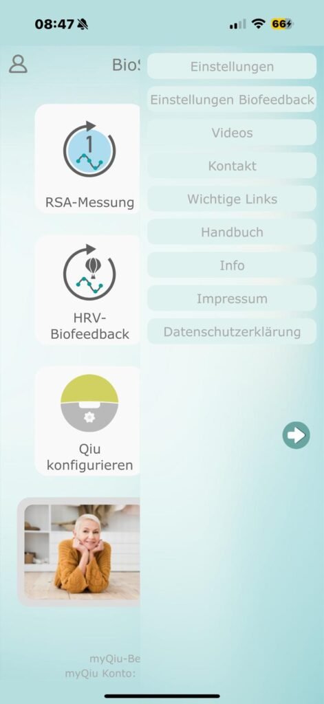 Startansicht der myQiu App mit Optionen für RSA-Messung, HRV-Biofeedback und Qiu-Konfiguration. Übersicht für Qiu Ball Nutzer zur Stressmessung und HRV Analyse. Ideal für alle, die Qiu Ball kaufen und eigene Qiu Erfahrungen mit dem Stress Check sammeln möchten.