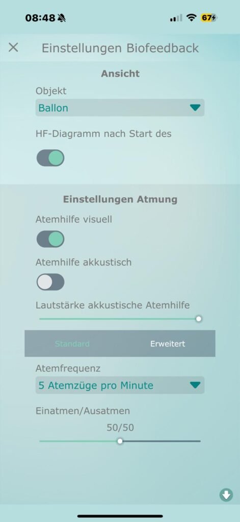 Qiu Ball Atmungseinstellungen im Biofeedback-Modus – visuelle Atemhilfe mit 5 Atemzügen pro Minute. Unterstützt gezieltes HRV Training, Stressreduktion und präzise Messung des Stresslevels mit dem Qiu Ball.
