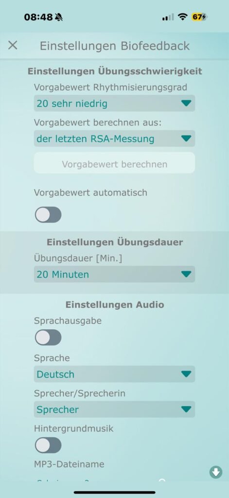 Qiu Ball Biofeedback-Einstellungen in der myQiu App – Vorgabewert aus letzter RSA-Messung, 20 Minuten HRV Übungsdauer und Audio-Optionen. HRV Messung und Qiu Ball Stressmessung einfach erklärt für präzisen Stress Check.