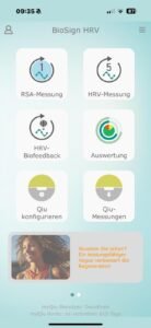 Startbildschirm der BioSign HRV App mit Auswahl für RSA-Messung, HRV-Messung, HRV-Biofeedback und Auswertung. Anzeige der Qiu-Konfiguration und Qiu-Messungen – ideal für HRV Messung, Qiu Ball Stressmessung und präzisen Stress Check. Perfekte Übersicht für alle, die Qiu Ball kaufen und eigene Qiu Erfahrungen sammeln möchten.