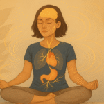 Frau praktiziert Vagusnerv Yoga in einer meditativen Haltung, während eine goldene Energielinie den Verlauf des Vagusnervs vom Gehirn über den Hals bis zu Herz, Lunge und Bauch darstellt – Symbol für Entspannung, innere Balance und die beruhigende Wirkung auf das Nervensystem.