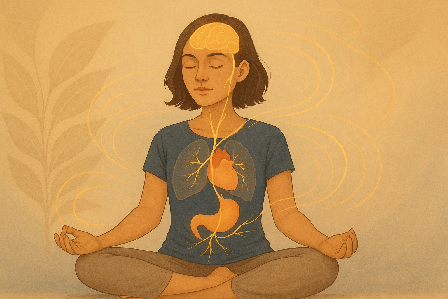 Frau praktiziert Vagusnerv Yoga in einer meditativen Haltung, während eine goldene Energielinie den Verlauf des Vagusnervs vom Gehirn über den Hals bis zu Herz, Lunge und Bauch darstellt – Symbol für Entspannung, innere Balance und die beruhigende Wirkung auf das Nervensystem.