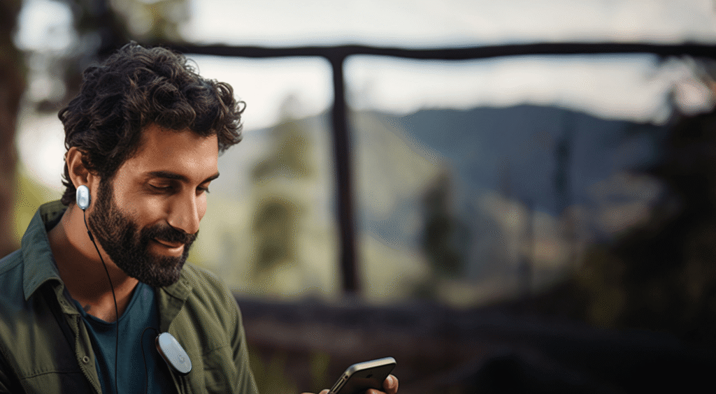Mann trainiert Herzkohärenz mit einem am Körper getragenen Biofeedbackgerät und verfolgt seine Messwerte auf dem Smartphone in einer ruhigen Outdoor-Umgebung.