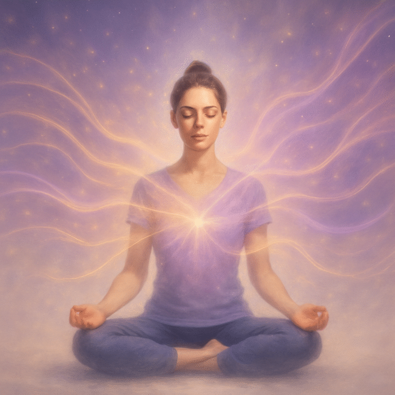 Meditierende Frau im Lotussitz sendet goldene und violette Lichtwellen aus Herz und Kopf – Symbol für Wünsche manifestieren und die tiefere manifestiert Bedeutung im Gesetz der Anziehung.