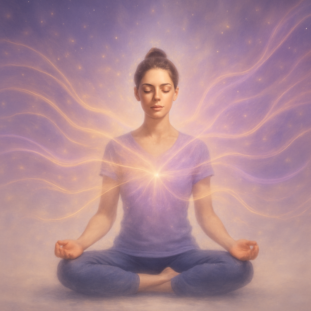 Meditierende Frau im Lotussitz sendet goldene und violette Lichtwellen aus Herz und Kopf – Symbol für Wünsche manifestieren und die tiefere manifestiert Bedeutung im Gesetz der Anziehung.