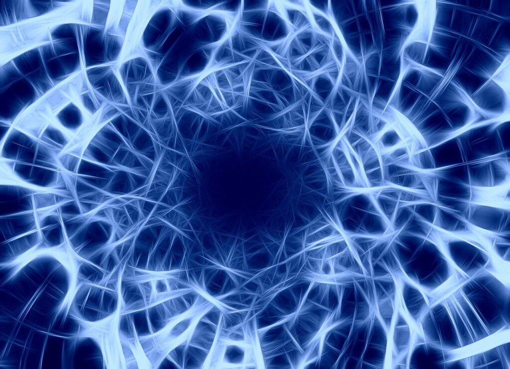 Abstrakte blaue Darstellung eines komplexen Nervensystems – Symbol für innere Balance, neuronale Verbindung und Self-Mastery.
