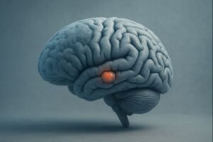 Amygdala Hijack: Darstellung eines menschlichen Gehirns, bei dem Stress und Angst klares Denken im präfrontalen Kortex blockieren