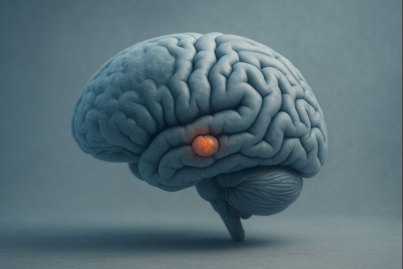 Amygdala Hijack: Darstellung eines menschlichen Gehirns, bei dem Stress und Angst klares Denken im präfrontalen Kortex blockieren