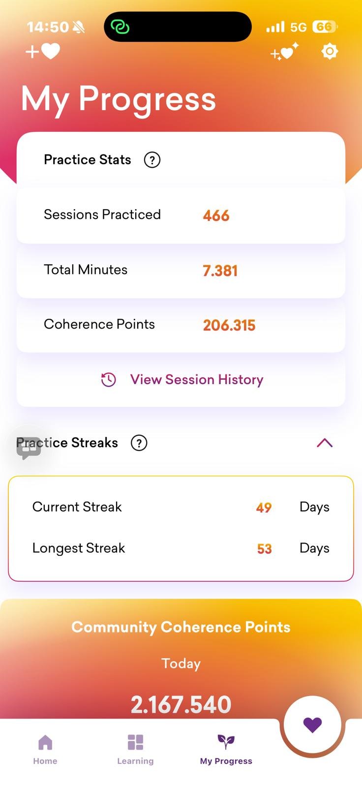 HeartMath Inner Balance Erfahrungen: Learning-Bereich der App mit mehrtägigen Programmen, Heart Based Living Practices, geführten Techniken, Kursen und Audiobooks.
