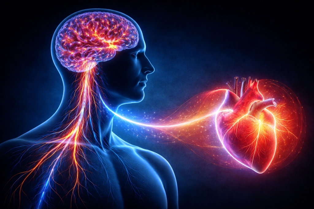 Illustration von Gehirn und Herz, die über den Vagusnerv miteinander verbunden sind – Darstellung der Herz-Gehirn-Kommunikation zur Beruhigung des Vagusnervs und zur Förderung von Herz-Kohärenz.