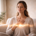 Herzkohärenz Atmung und Herzkohärenz Meditation: ruhige Person mit geschlossenen Augen, gleichmäßiger Atmung und fokussierter Aufmerksamkeit auf den Herzbereich