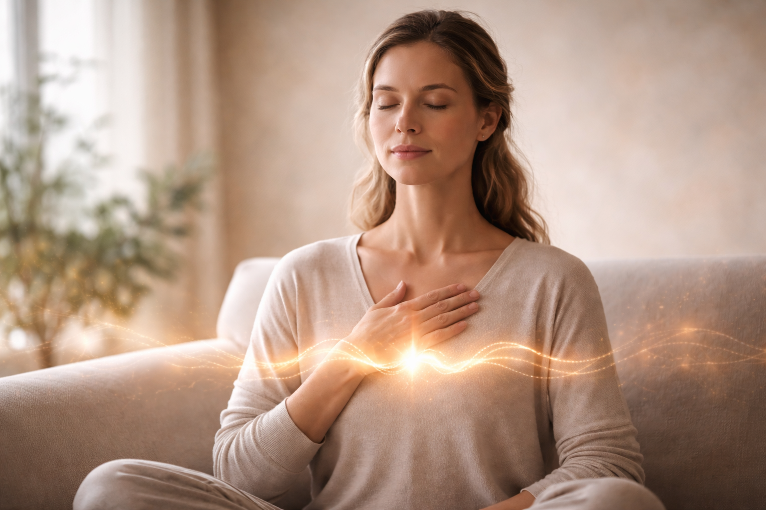 Herzkohärenz Atmung und Herzkohärenz Meditation: ruhige Person mit geschlossenen Augen, gleichmäßiger Atmung und fokussierter Aufmerksamkeit auf den Herzbereich